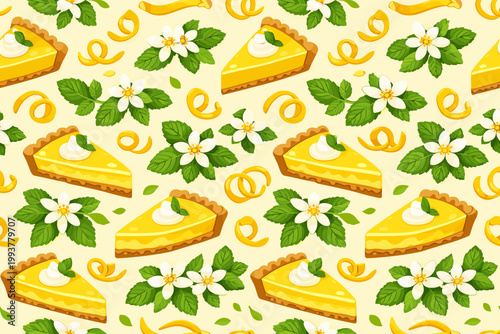 Bright and colorful pattern with lemon pie slices, flowers, and green leaves on a light background