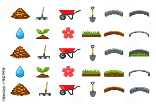 Garden tools and materials for landscaping and planting in a simple layout featuring various items often used in gardens