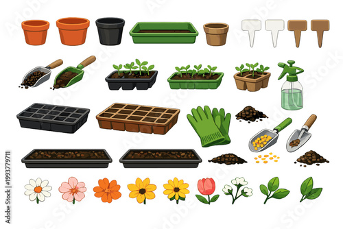Gardening tools and supplies with pots, seeds, and flowers in various shapes and colors for planting at home or in a garden