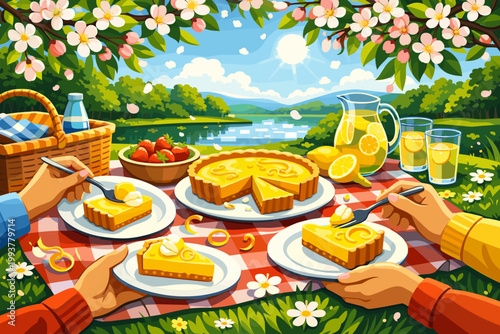 Friends enjoy lemon pie and drinks by the river under blooming trees during sunny weather in the afternoon