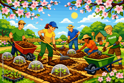 People working together in a garden planting seedlings during a sunny day in a community project