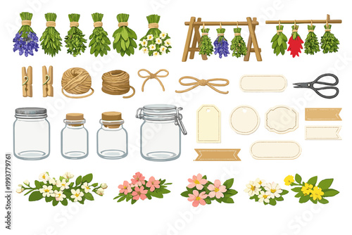 Bunches of herbs, ropes, jars, tags, and flowers are displayed for crafting in a bright and colorful design layout
