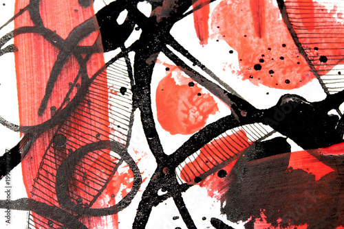 Red and black ink lines circles and abstract shapes paint background