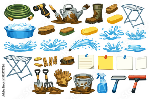 Cleaning tools and supplies scattered on a surface with water splashes and different gardening items in a home setting