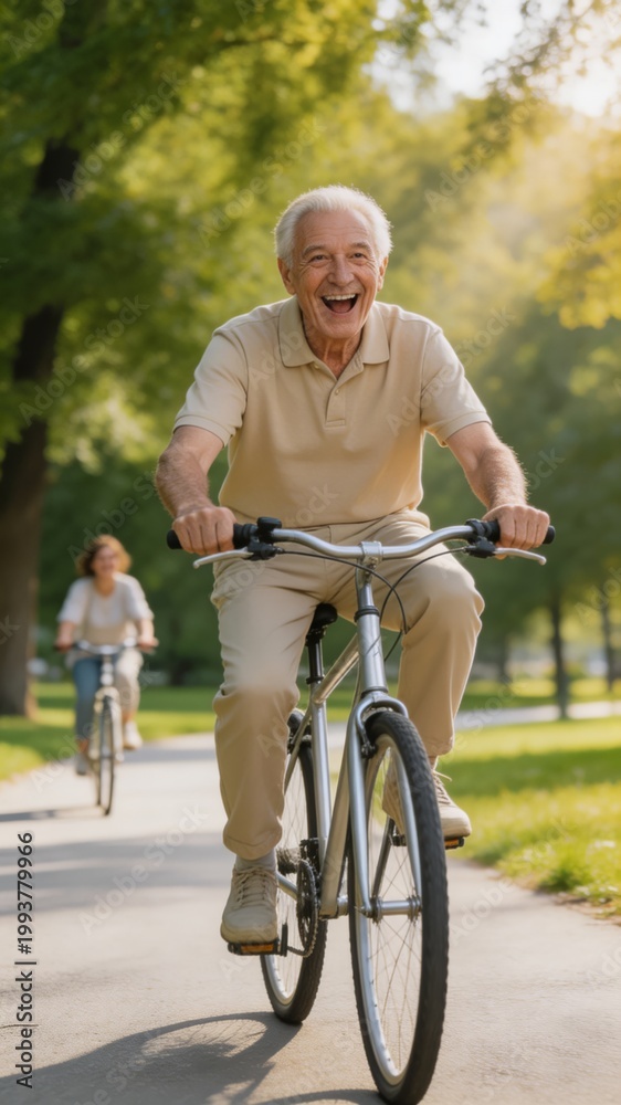 Obraz premium A senior man enjoys a leisurely bike ride in a park on a sunny day, surrounded by lush green trees and grass, exuding happiness and a sense of freedom.