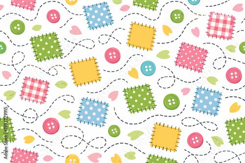 Colorful fabric squares and buttons arranged in a playful pattern on a white background