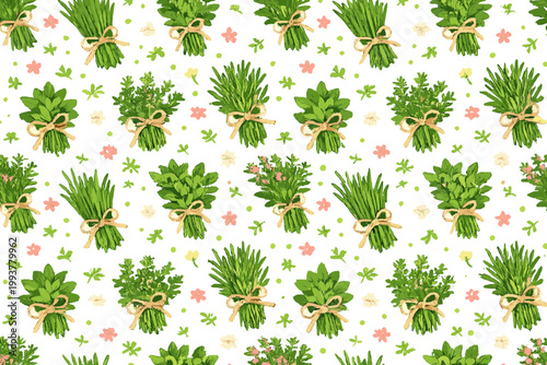 Pattern of green herbs and flowers on a white background with tied bundles scattered evenly across the surface