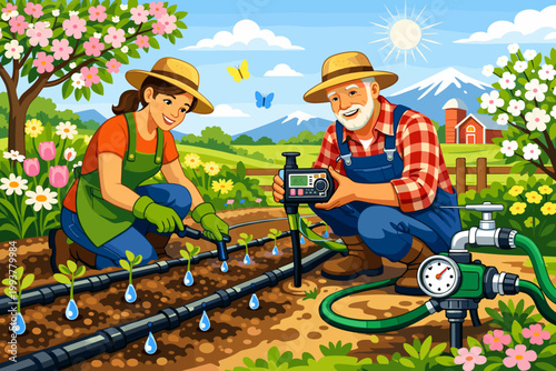 Gardeners work together to set up irrigation system in a field on a sunny day with mountains in the background