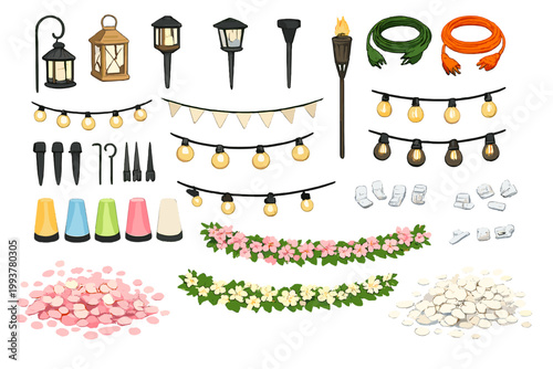 Decorative items for outdoor gatherings with lights, flowers, and festive elements arranged on a flat surface