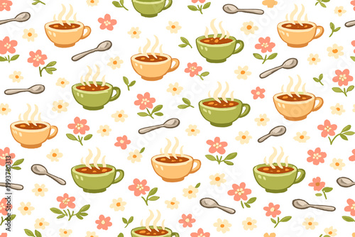 Tea cups and flowers pattern design on white background with simple and cheerful elements in warm colors