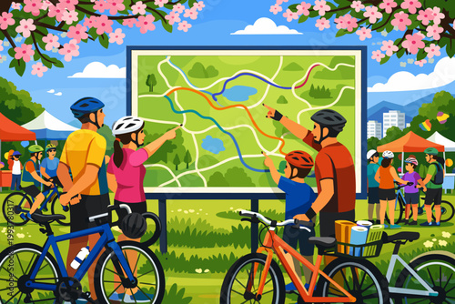People gather around a large map to plan a bike route during a community cycling event in a park on a sunny day