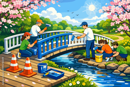 Group of people painting a bridge and cleaning a stream in a sunny park during spring with blossoming trees