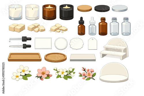 Candles and containers arranged for a creative workspace layout with a focus on crafting and design