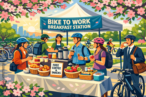Bike to work breakfast station helps commuters start the day with free snacks and coffee in the city park during spring