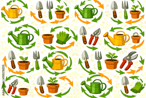 Gardening tools and plants in a pattern for gardening activities in spring season