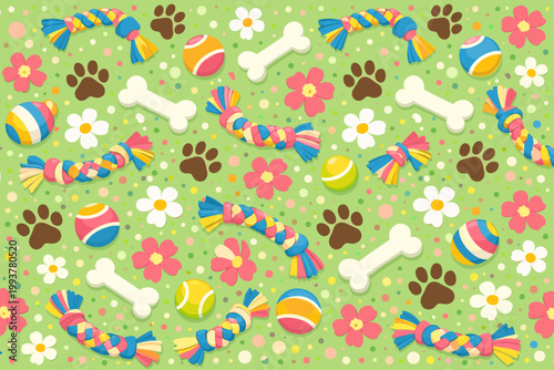 Colorful pattern with toys, bones, flowers, and paw prints on a green background for pets and playtime