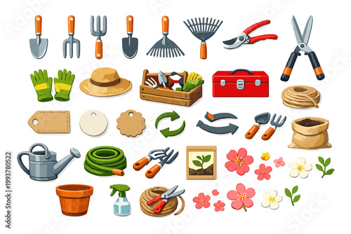 Gardening tools and supplies are arranged together in a colorful layout for various gardening activities and projects