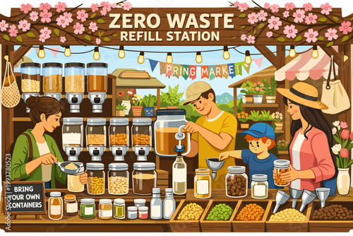 Visitors fill their containers at a zero waste refill station during spring market day