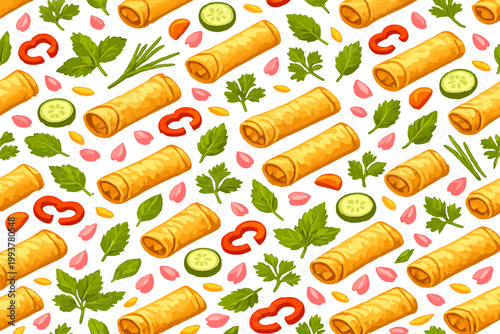 Colorful food pattern with rolled snacks, vegetables, and herbs on a white background in a lively arrangement
