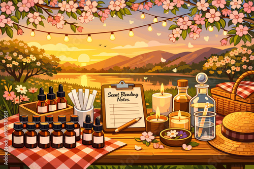 Sunset scene with essential oils, candles, and blending tools by the water in spring