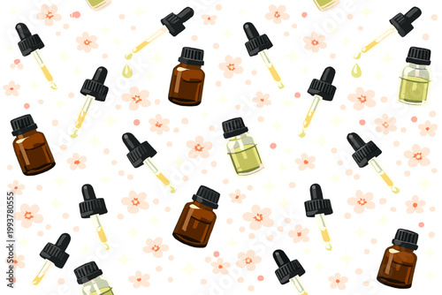 Patterns of essential oil bottles and droppers on a light background with floral design in a simple arrangement