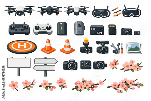 Collection of drones, cameras, and accessories along with safety gear and flowers, showing various tools for aerial photography