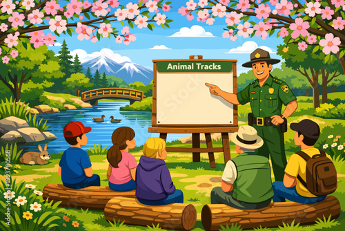 Teaching about animal tracks by a river in a park with kids and a ranger on a sunny day