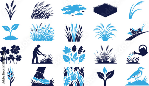 Collection of garden and nature related icons including plants, flowers, grass, and tools for design.