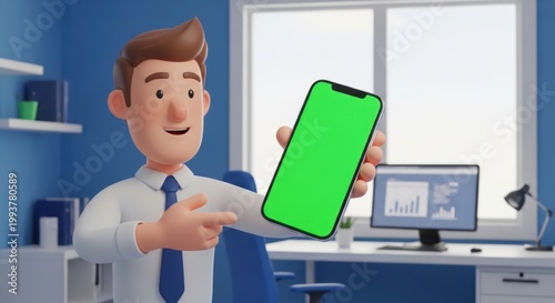 Businessman Holding Smartphone with Green Screen