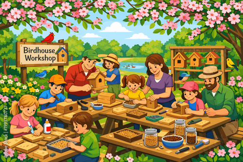 Birdhouse workshop takes place near a lake with families and children building birdhouses during a sunny day in spring