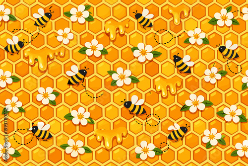 Bees flying over honeycomb with flowers and honey in a bright setting during daytime