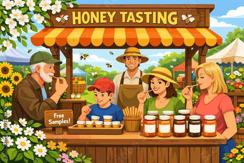 Honey tasting event at a farmer's market with visitors enjoying samples and a vendor serving fresh honey