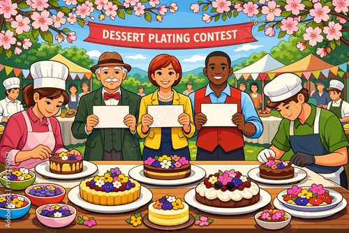 Dessert plating contest takes place in a park with competitors and judges showcasing their cakes and desserts during a lively event