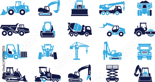 Collection of blue and dark blue construction vehicles and heavy machinery icons on white background.