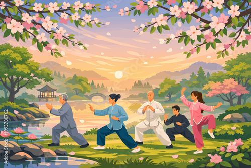 People practice tai chi near a pond surrounded by trees and flowers at sunset in a garden