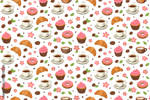Colorful pattern of desserts and coffee cups with flowers in a fun design for casual settings or events