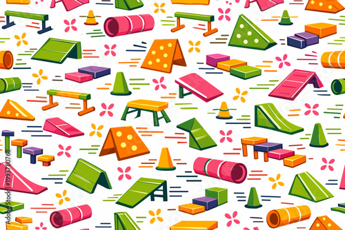 Colorful training equipment layout for dogs and pets set on a plain background with different shapes and structures for exercise