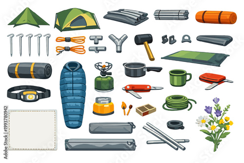 Camping gear and equipment for outdoor adventures on a sunny day in a natural setting