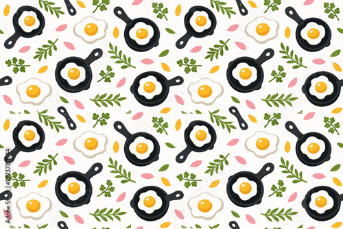 Pattern of frying pans with eggs surrounded by leaves and flowers in a repeated design