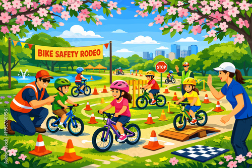 Kids learn bike safety at a fun outdoor event in a park with cones, instructors, and colorful decorations