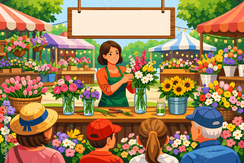 People enjoy flower market with vendor selling flowers and arranging bouquets during sunny day under blue sky in outdoor setting