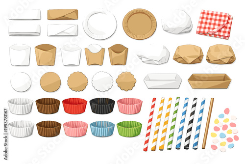 Various food containers and decorations arranged in a flat layout for event planning and party setup