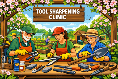 Tool sharpening clinic takes place in a garden setting with people working and learning new skills