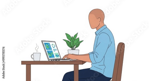 Man Working on Laptop at Desk with Coffee and Plant
