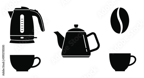 A collection of tea and coffee making items displayed in a stark black silhouette high quality professional detailed modern elegant stylish