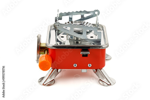 Small gas stove for camping isolated on white background. Tourist stove.