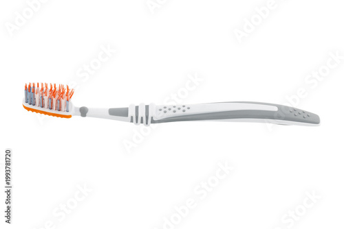 A white and gray plastic toothbrush with orange bristles and a rubber tongue cleaner, isolated on a white background. Close-up.