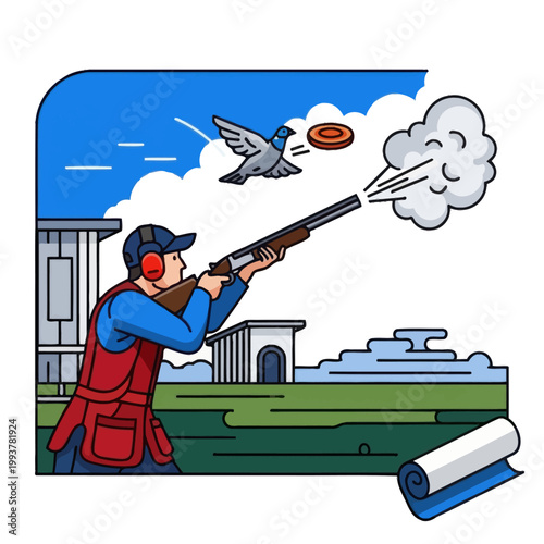 Clay Pigeon Shooting Sport: Man Aiming Shotgun at Flying Target