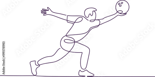 Bowler delivering a bowling ball with focused concentration in a smooth continuous line illustration