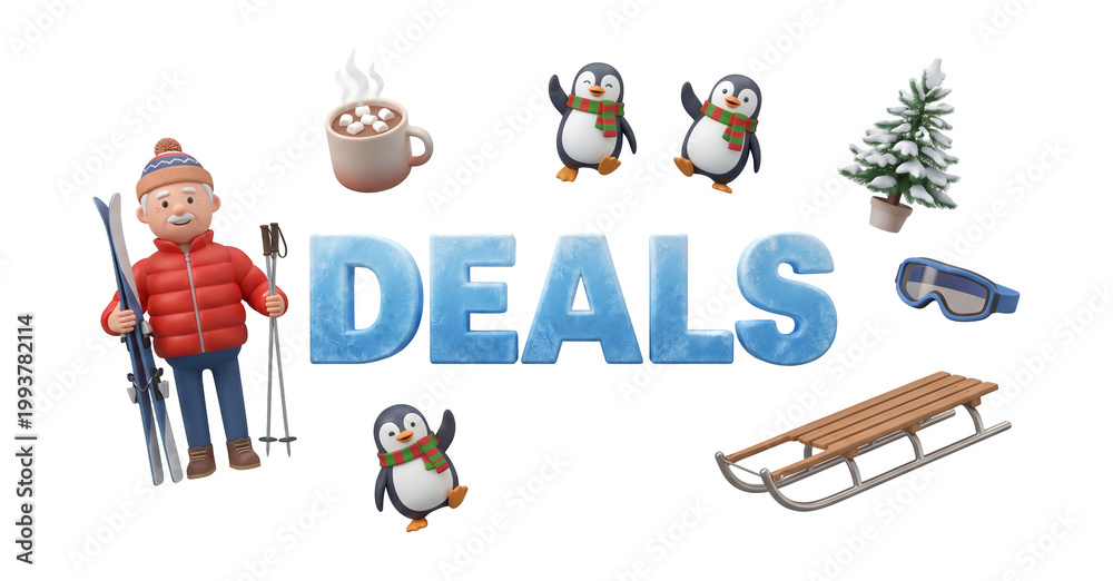 Fototapeta premium Winter holiday deals 3D set with skier character penguins and cold season lifestyle icons on white